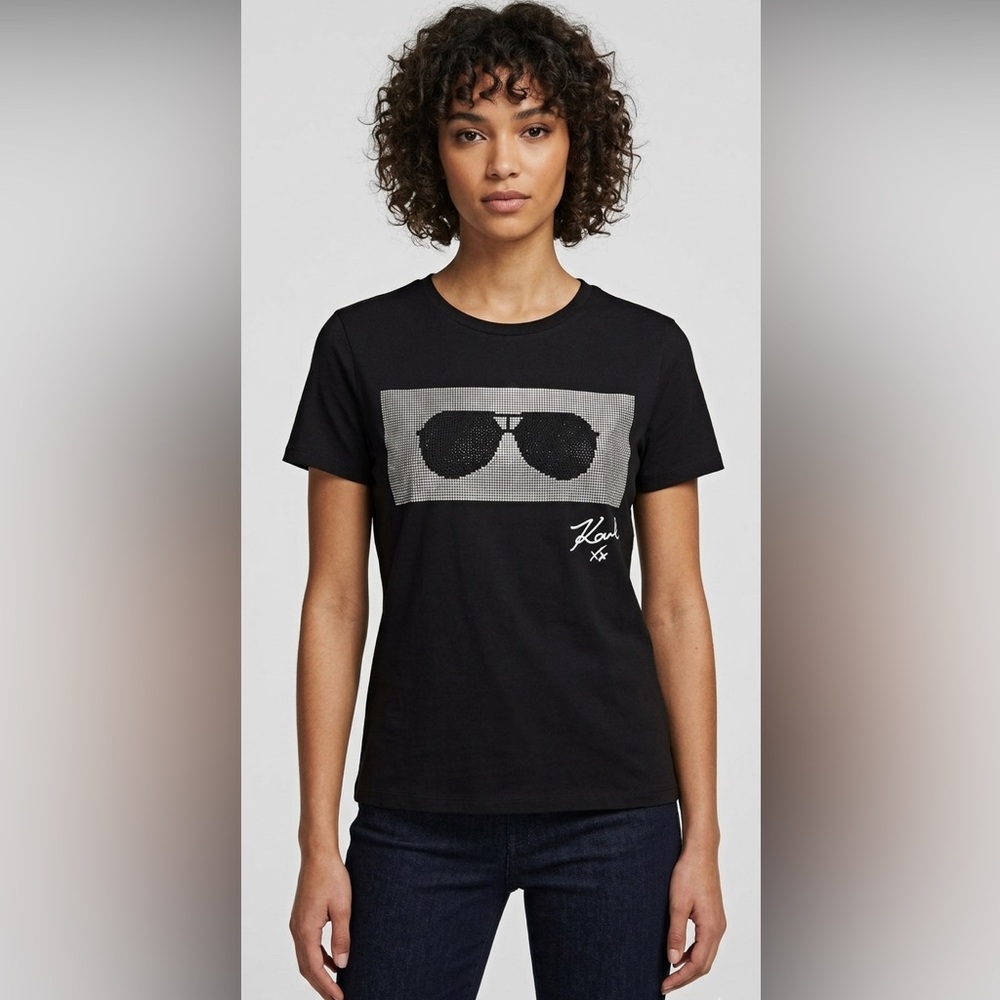 New Karl Lagerfeld T Shirt Women Silver Sunglasses Black Size S